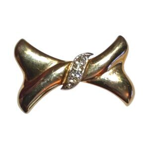 TA Signed Vintage Gold Silver Tone Bow Brooch Tied Clear Centered Rhinestones